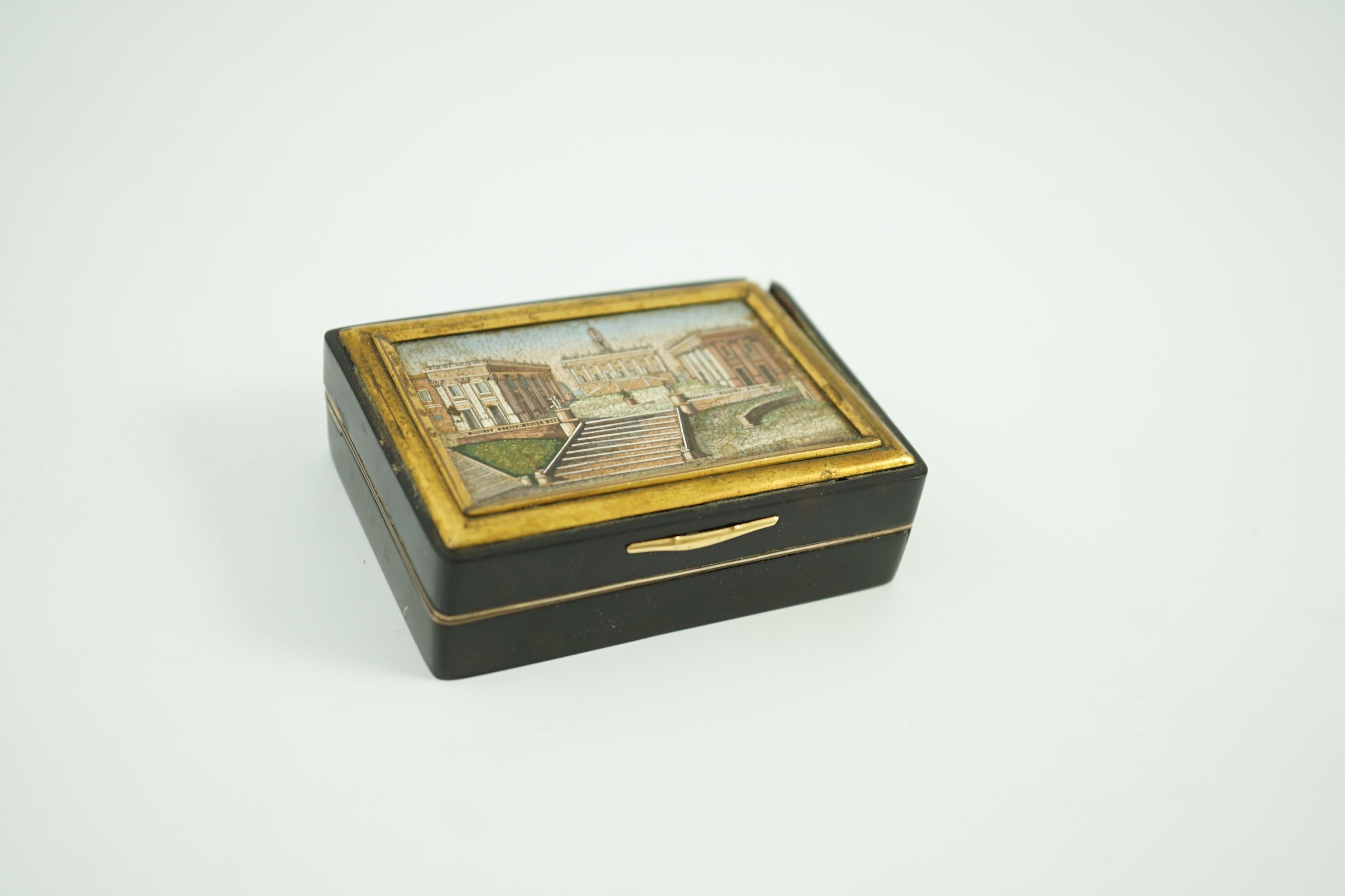 A 19th century French micro mosaic topped gold mounted tortoiseshell snuff box, 8.5 x 6.25cm, 2.5cm high